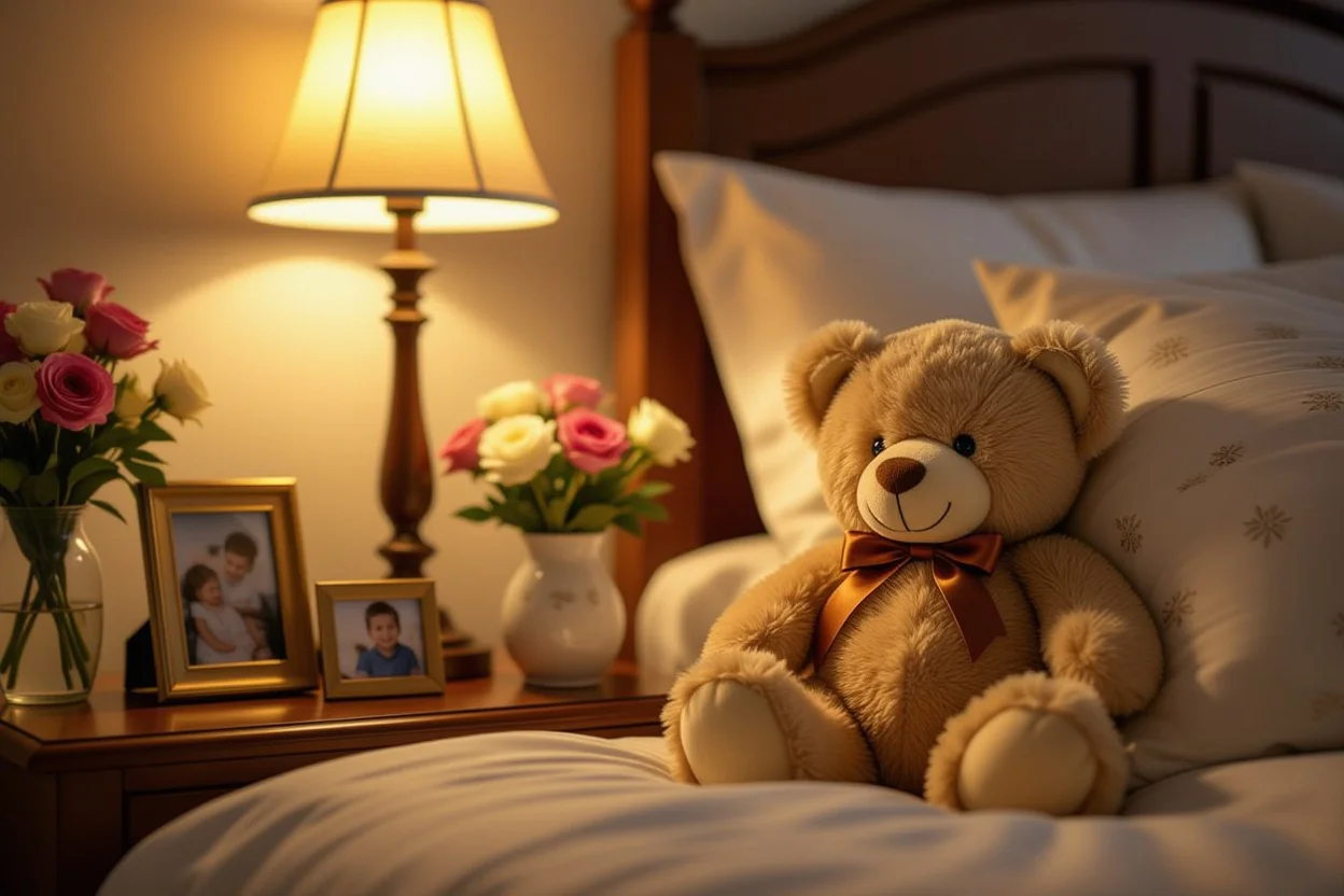 Teddy bear gift integrated into daily life on bedroom nightstand with personal touches