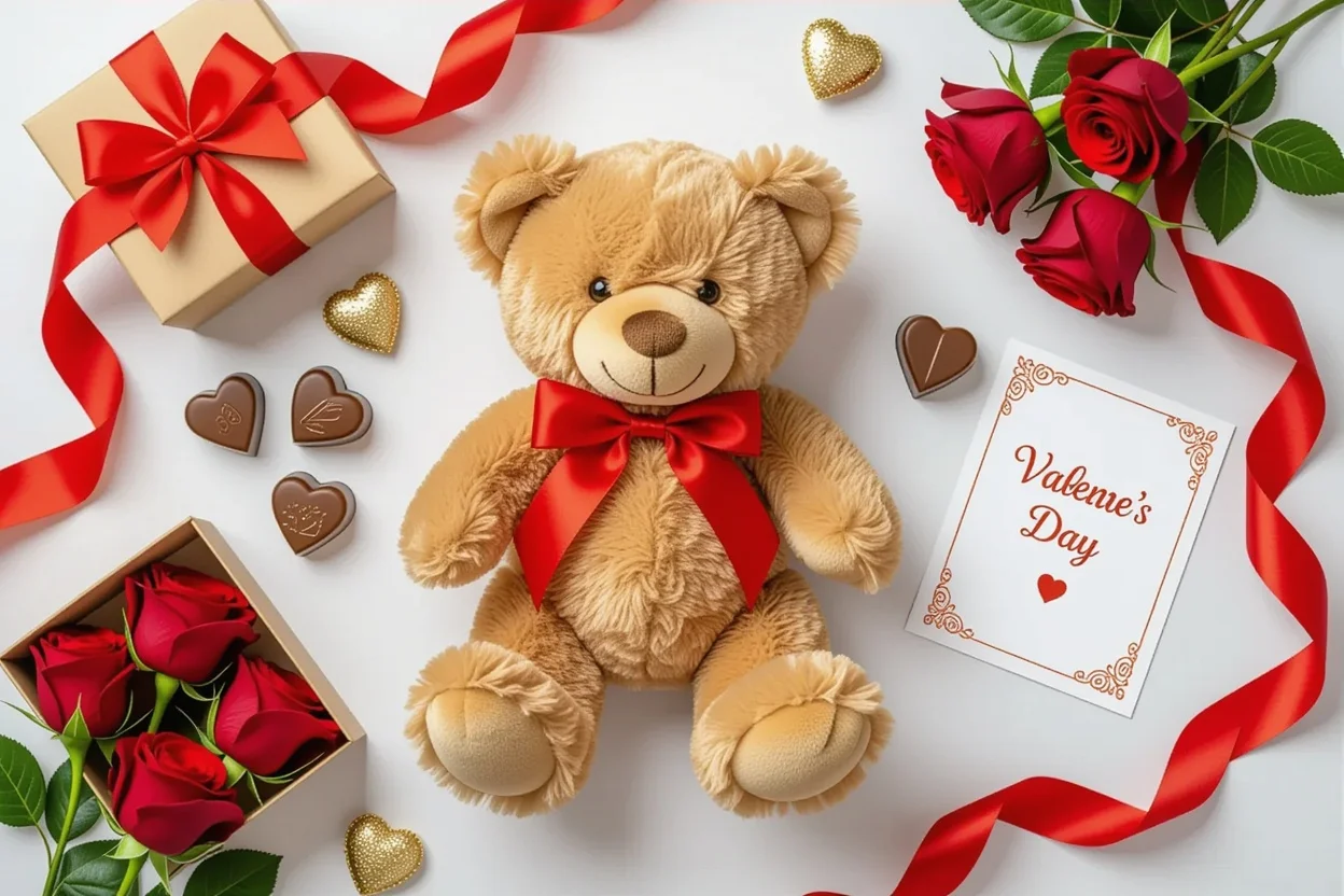 Valentine's Day gift guide flat lay featuring luxury teddy bear with romantic accessories