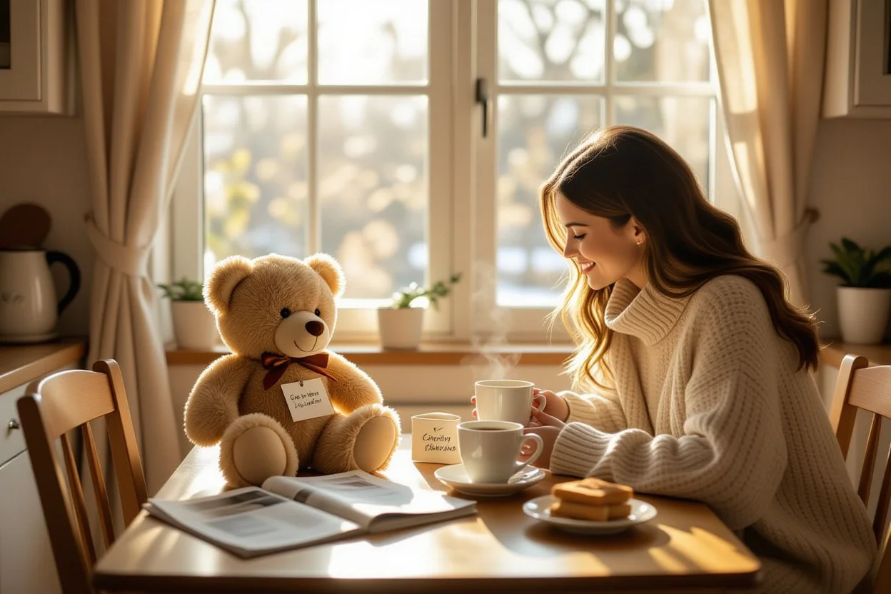 Couple enjoying morning coffee with surprise teddy bear gift on kitchen table