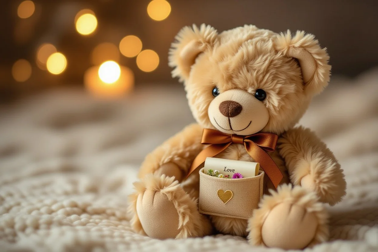 Close-up of teddy bear with hidden surprise compartment containing romantic note