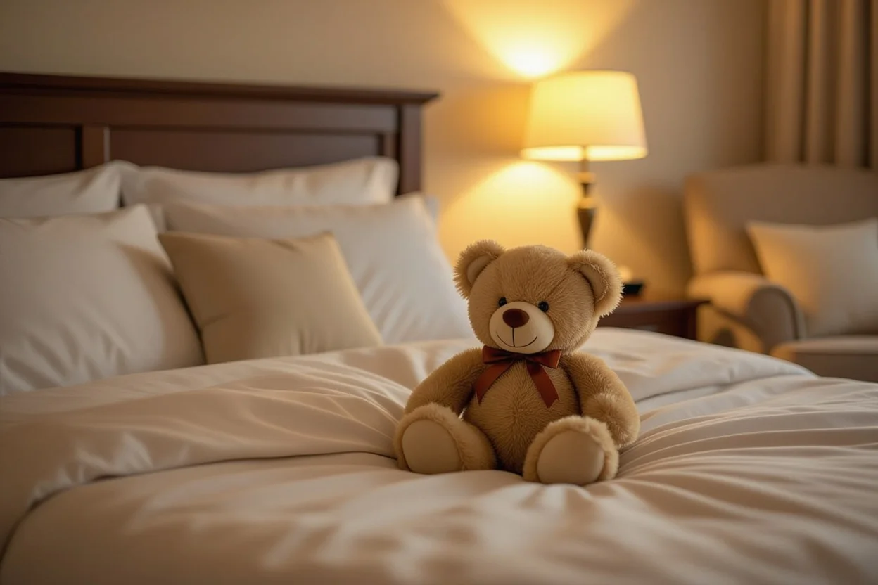 Surprise teddy bear gift placed on bed for romantic daily appreciation gesture