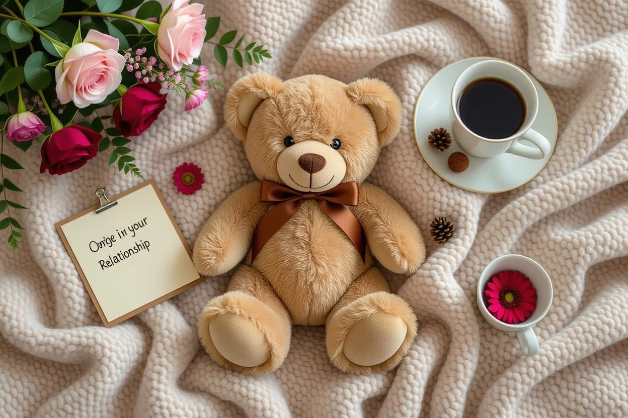 Flat lay of teddy bear gift with romantic elements representing daily relationship appreciation