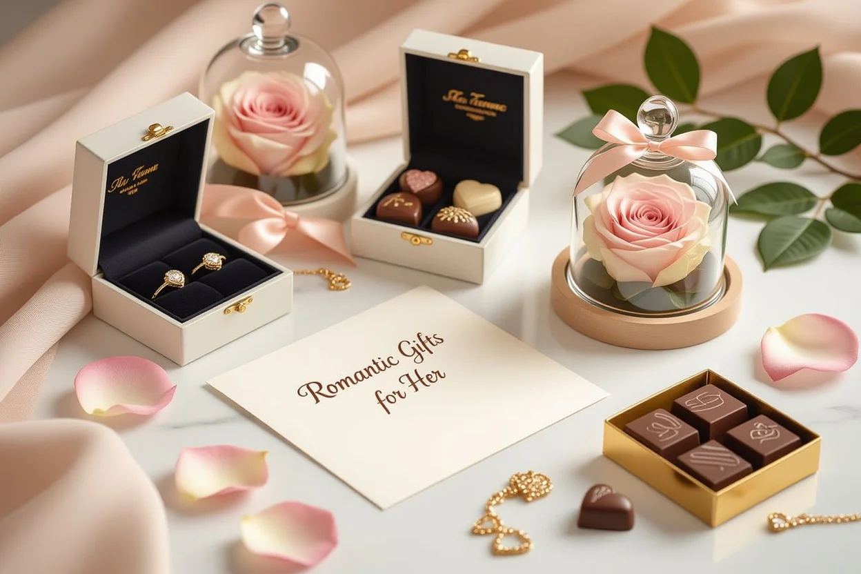 Romantic gifts for her beautifully arranged including jewelry, preserved roses, love letters and chocolates for Valentine's Day