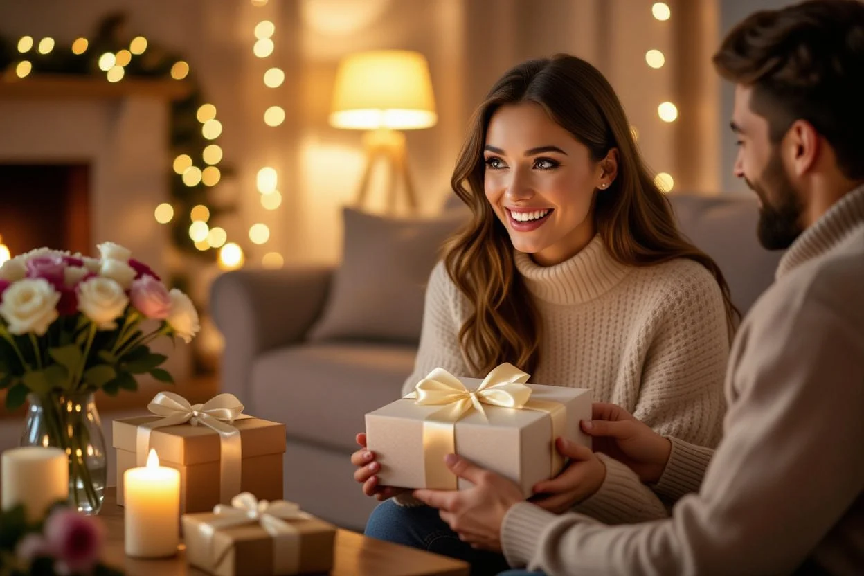 Happy woman receiving romantic surprise gift from partner in cozy candlelit room showing thoughtful gift-giving moment