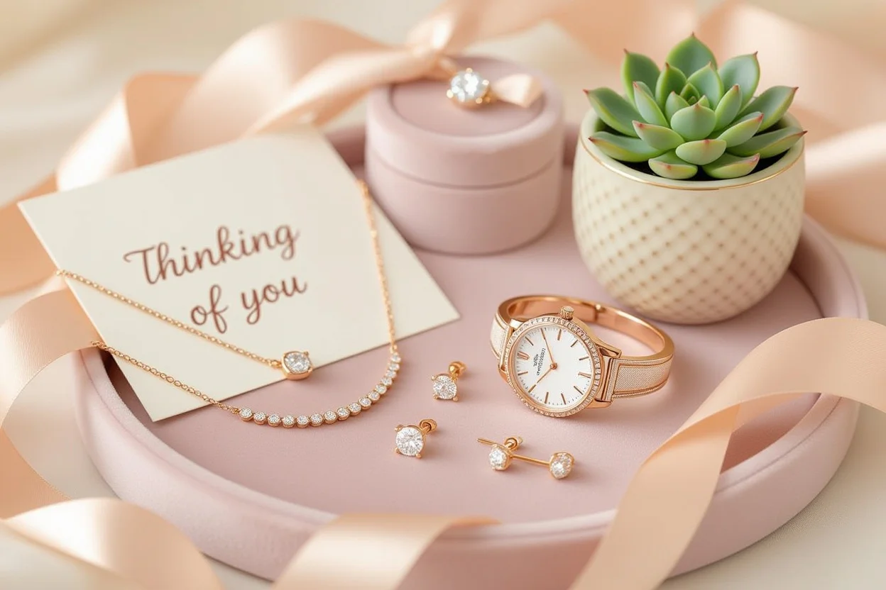 Elegant anniversary gifts for women featuring jewelry, watch and succulent plant arranged on velvet display