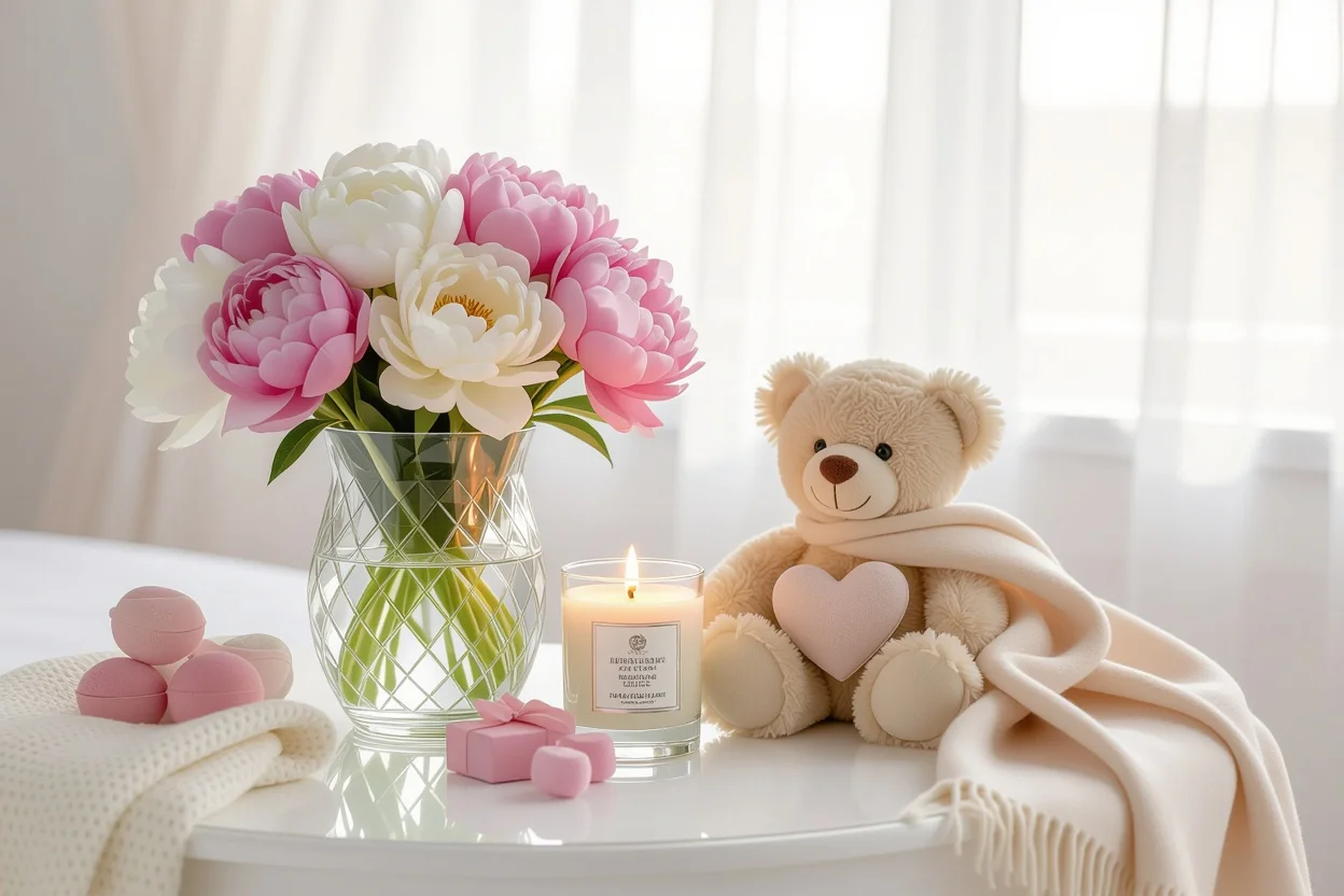 Valentine's Day gifts for her including flowers, spa items, cashmere scarf and teddy bear in romantic bedroom setting