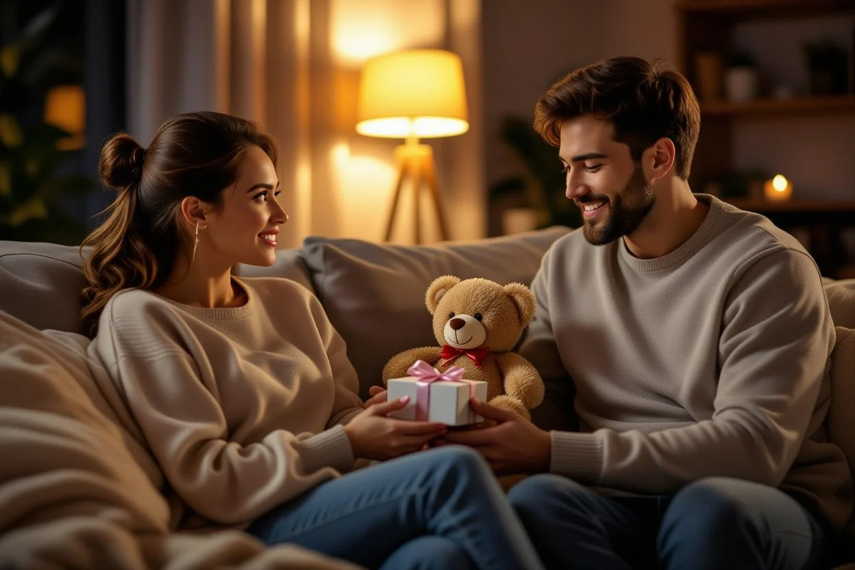 Woman receiving surprise teddy bear gift from partner on sofa at home