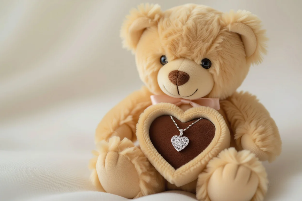 Teddy bear with hidden necklace compartment showing surprise jewelry gift