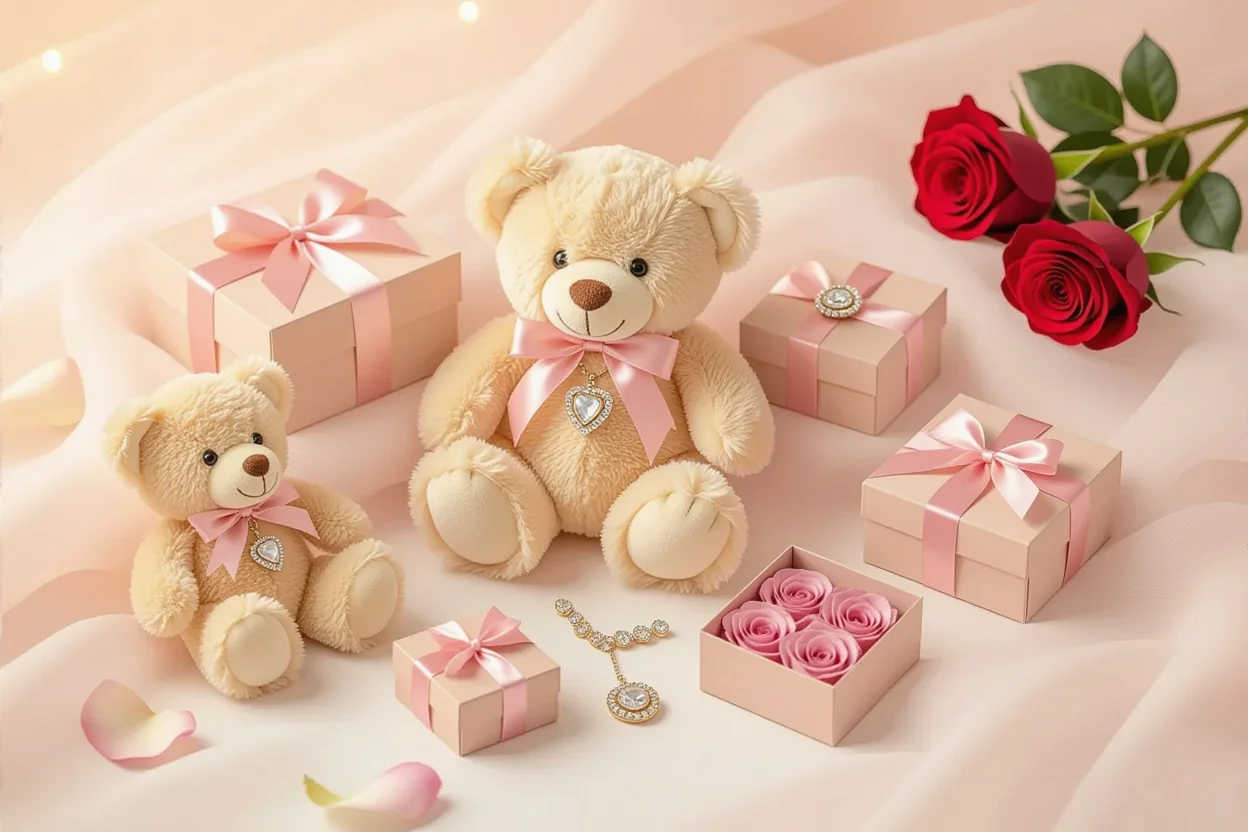 Romantic surprise gifts flat lay with teddy bears and hidden jewelry
