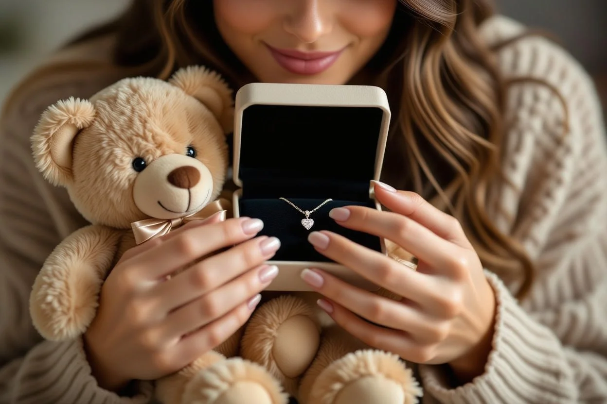 Hands discovering hidden necklace inside surprise teddy bear gift