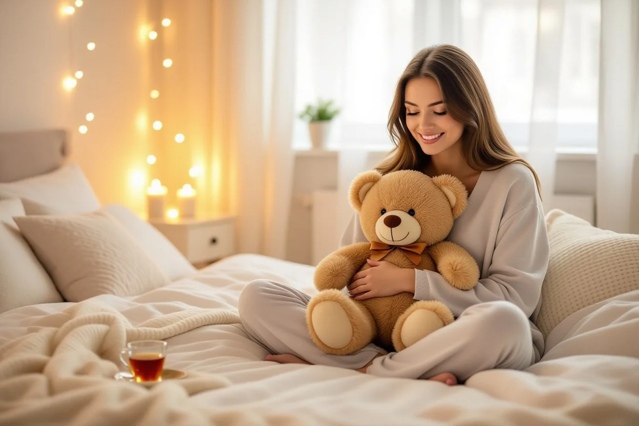 Woman finding comfort with romantic teddy bear gift in cozy bedroom setting