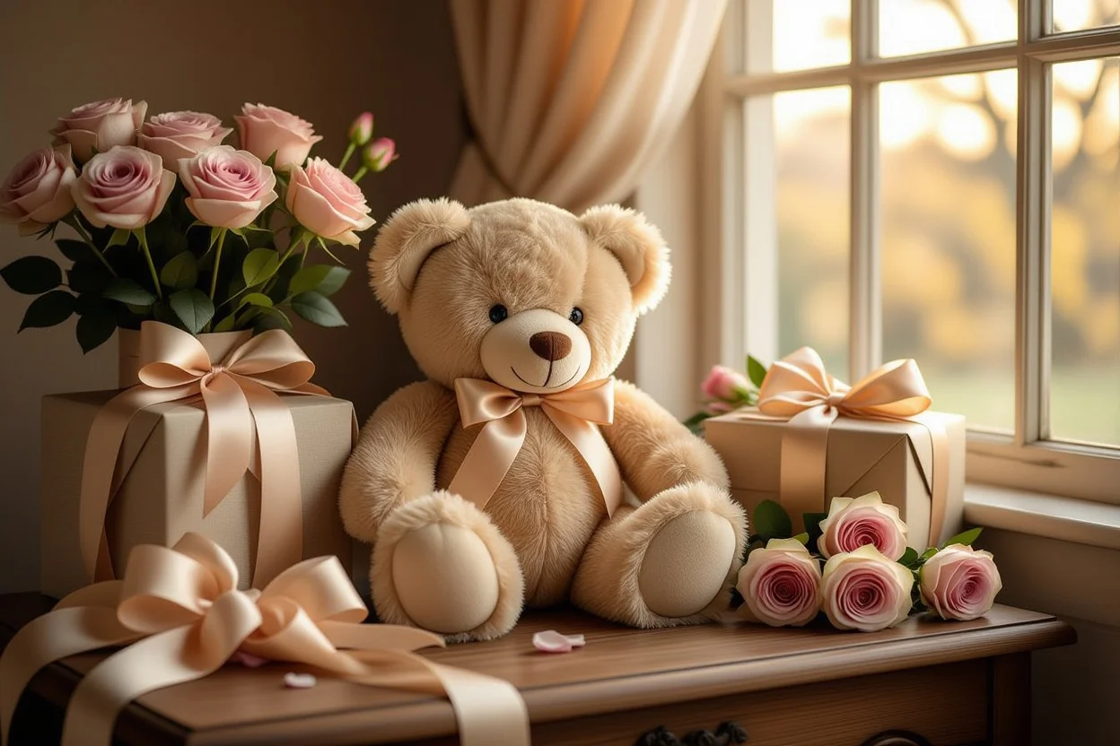 Elegant romantic teddy bear gift presentation with preserved flowers and thoughtful wrapping