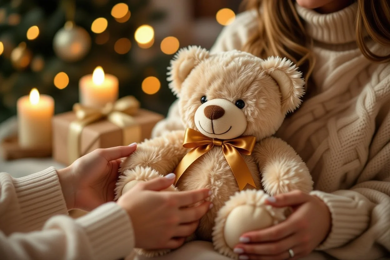 Intimate moment of giving romantic teddy bear gift showing care and emotional connection