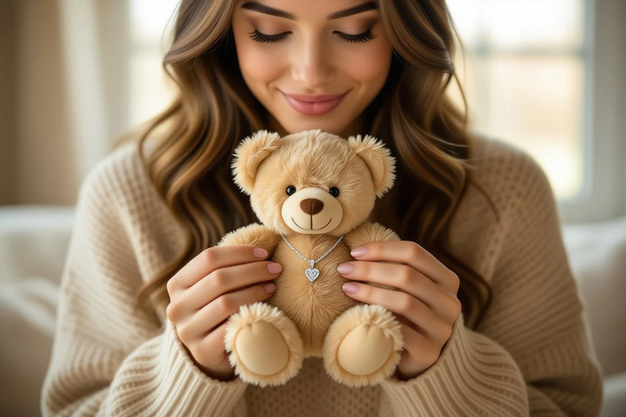 Woman discovering hidden necklace surprise inside teddy bear romantic gift moment