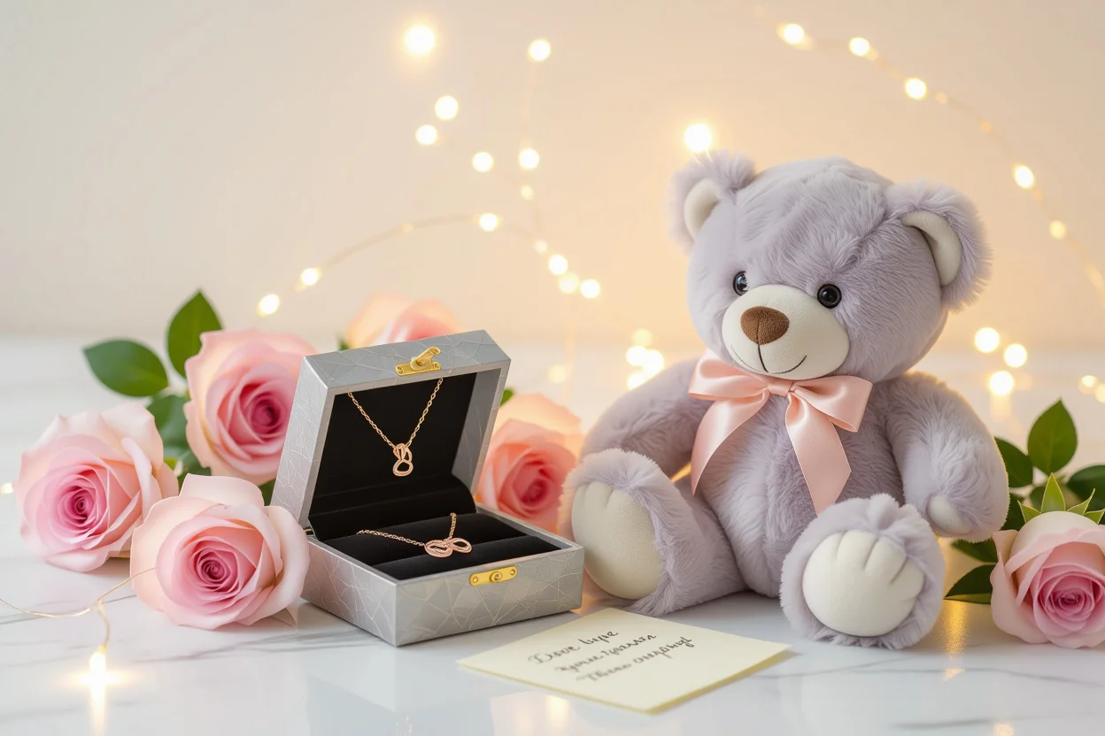 Romantic Valentine's Day gift set with teddy bear and jewelry surprise for girlfriend