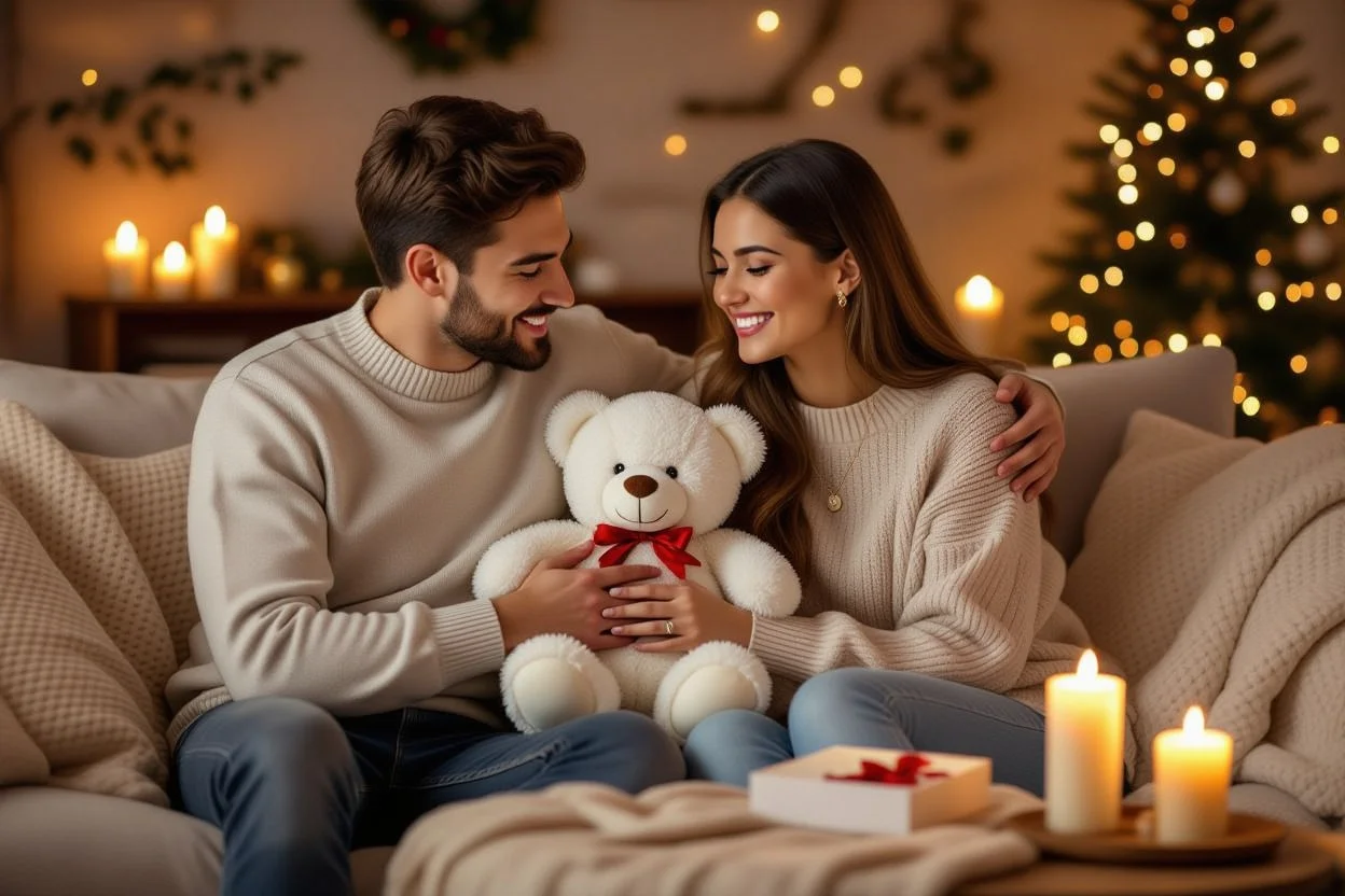 Couple sharing romantic teddy bear gift moment perfect Valentine's Day surprise for her
