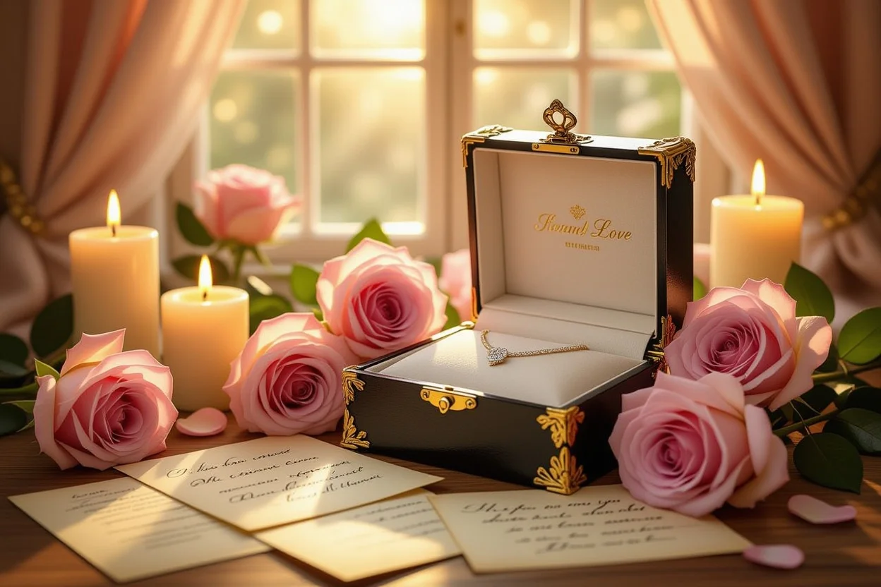 Romantic gifts for her including jewelry, roses, and love letters in warm candlelight