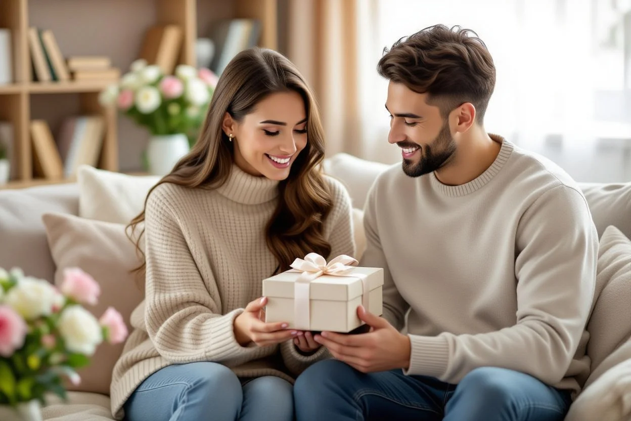 Couple sharing a surprise gift moment on couch showing love and appreciation