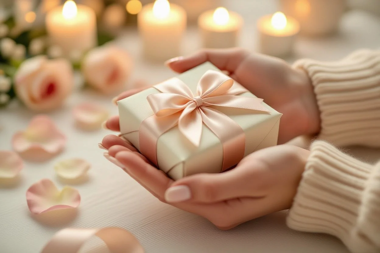 Hands holding wrapped gift with ribbon showing thoughtful gift-giving and lasting love