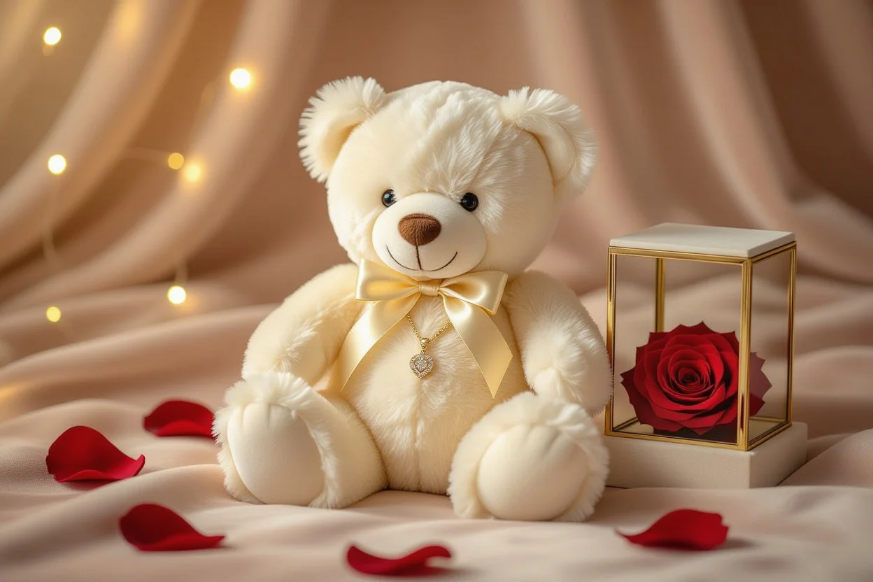 Luxury teddy bear surprise gift with hidden 18K gold necklace and preserved eternal rose for Valentine's Day