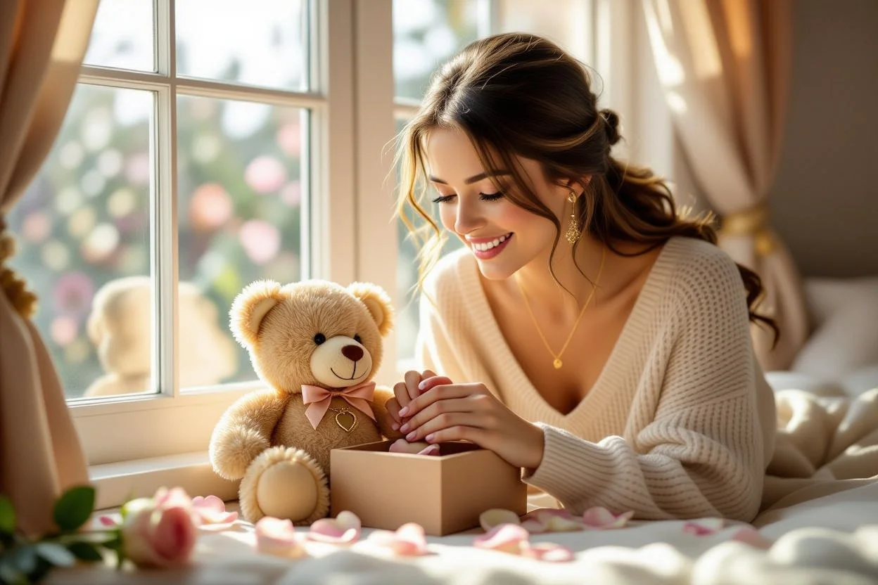 Woman discovering surprise 18K gold necklace hidden inside romantic teddy bear gift surprise moment