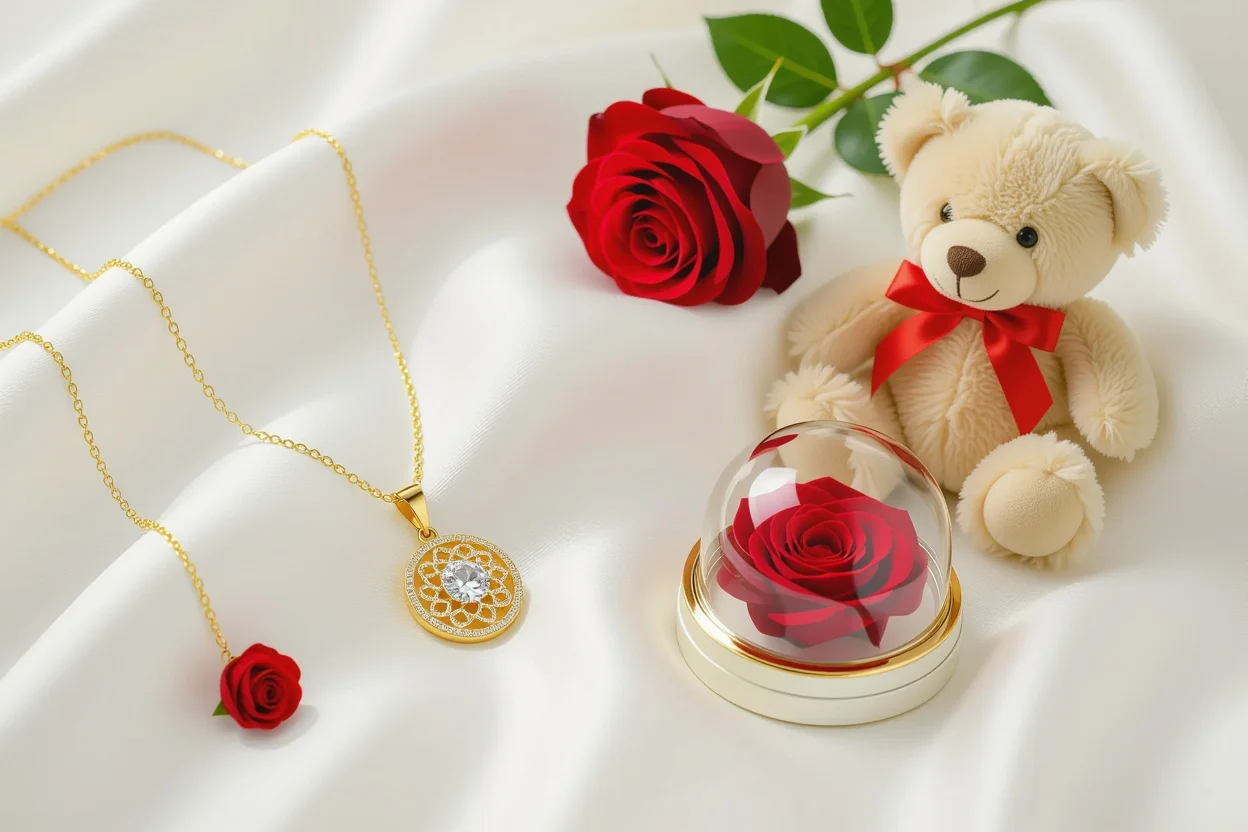 Close-up of 18K gold necklace and eternal preserved rose components from luxury teddy bear surprise gift