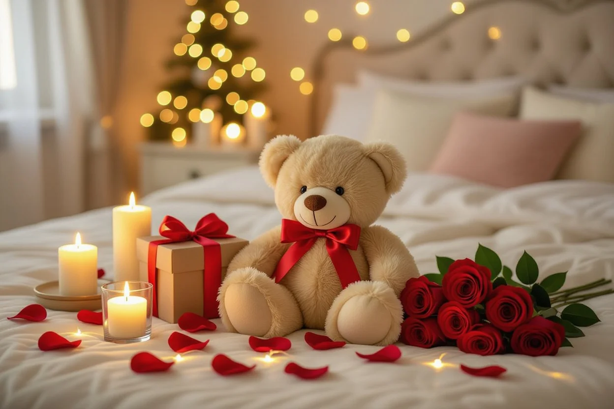 Romantic gift setting with luxury teddy bear surprise gift perfect for Valentine's Day and anniversary celebrations
