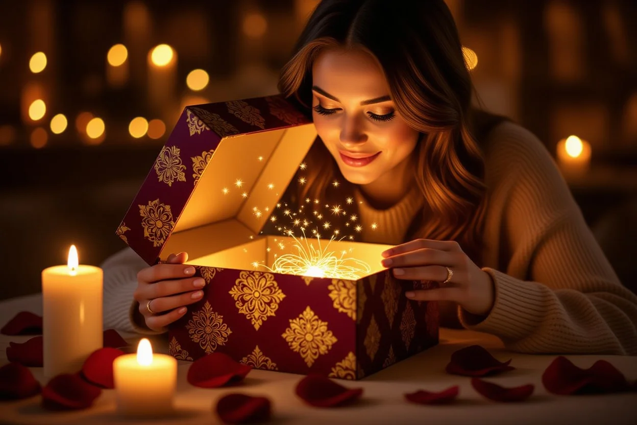 Woman opening surprise gift box with magical golden glow - romantic gift giving moment