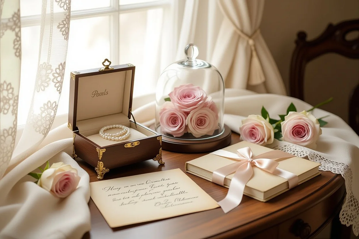 Collection of meaningful romantic gifts including jewelry, preserved flowers and love letters on vintage table