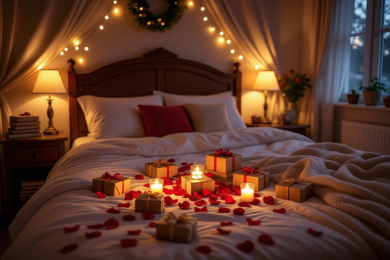 Romantic bedroom with hidden surprise gifts scattered around creating treasure hunt atmosphere