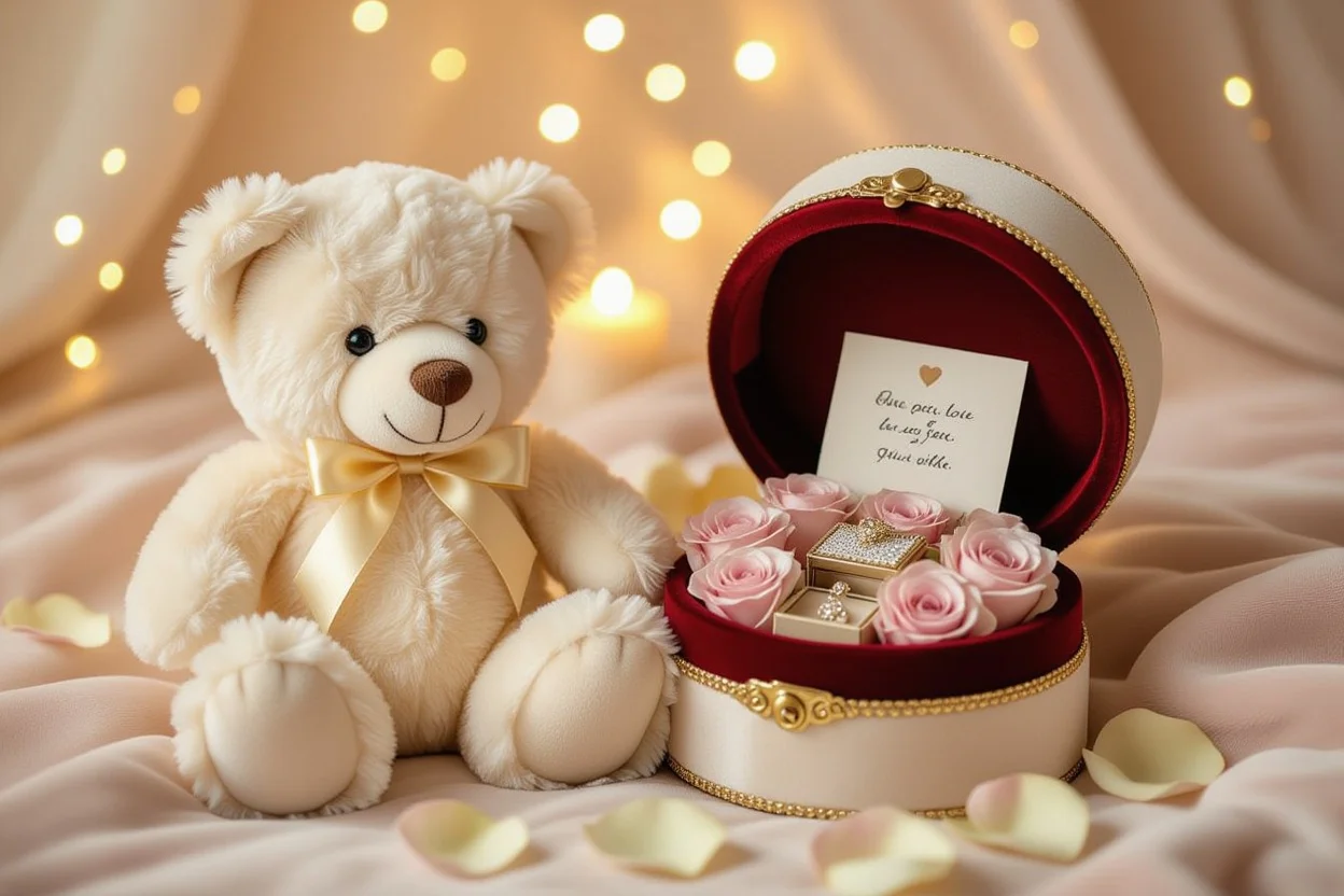 Romantic teddy bear gift with hidden compartment containing preserved roses and love notes for Valentine's Day
