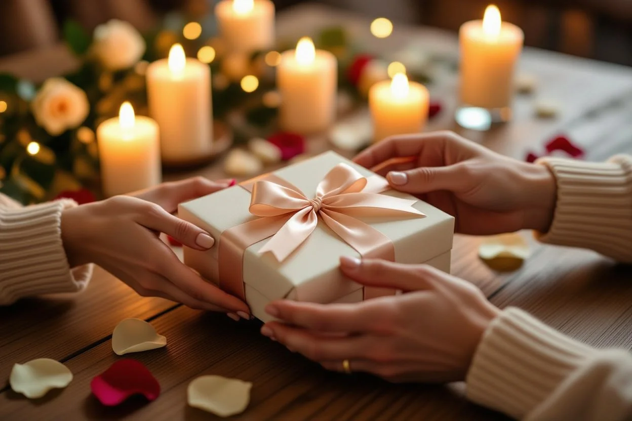 Romantic couple exchanging anniversary gifts by candlelight in intimate setting