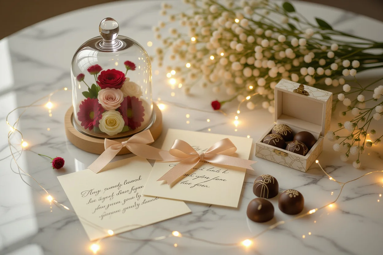 Elegant romantic gifts flat lay featuring preserved flowers, love letters, and jewelry for lasting memories