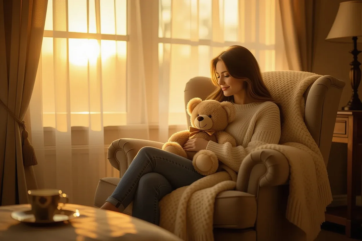 Woman discovering surprise teddy bear gift in cozy home setting during romantic golden hour