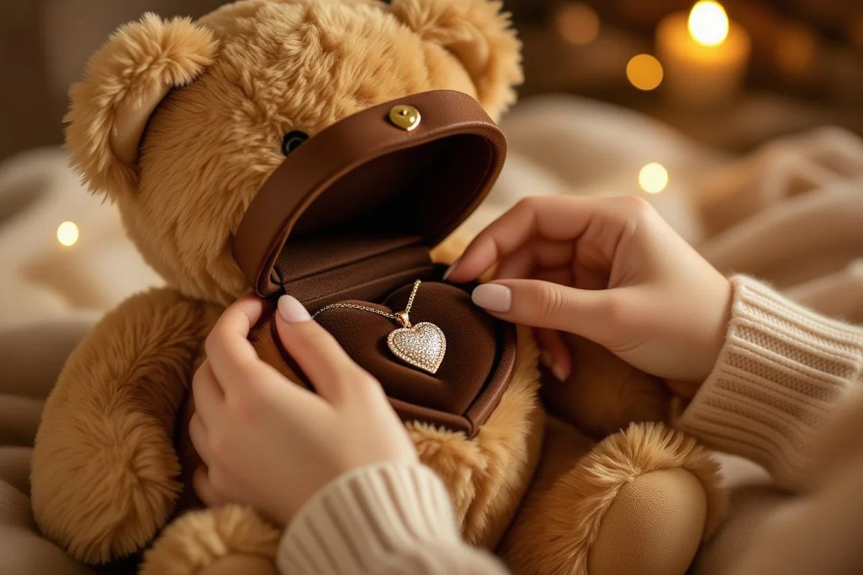 Woman discovering hidden necklace inside teddy bear - romantic surprise gift moment