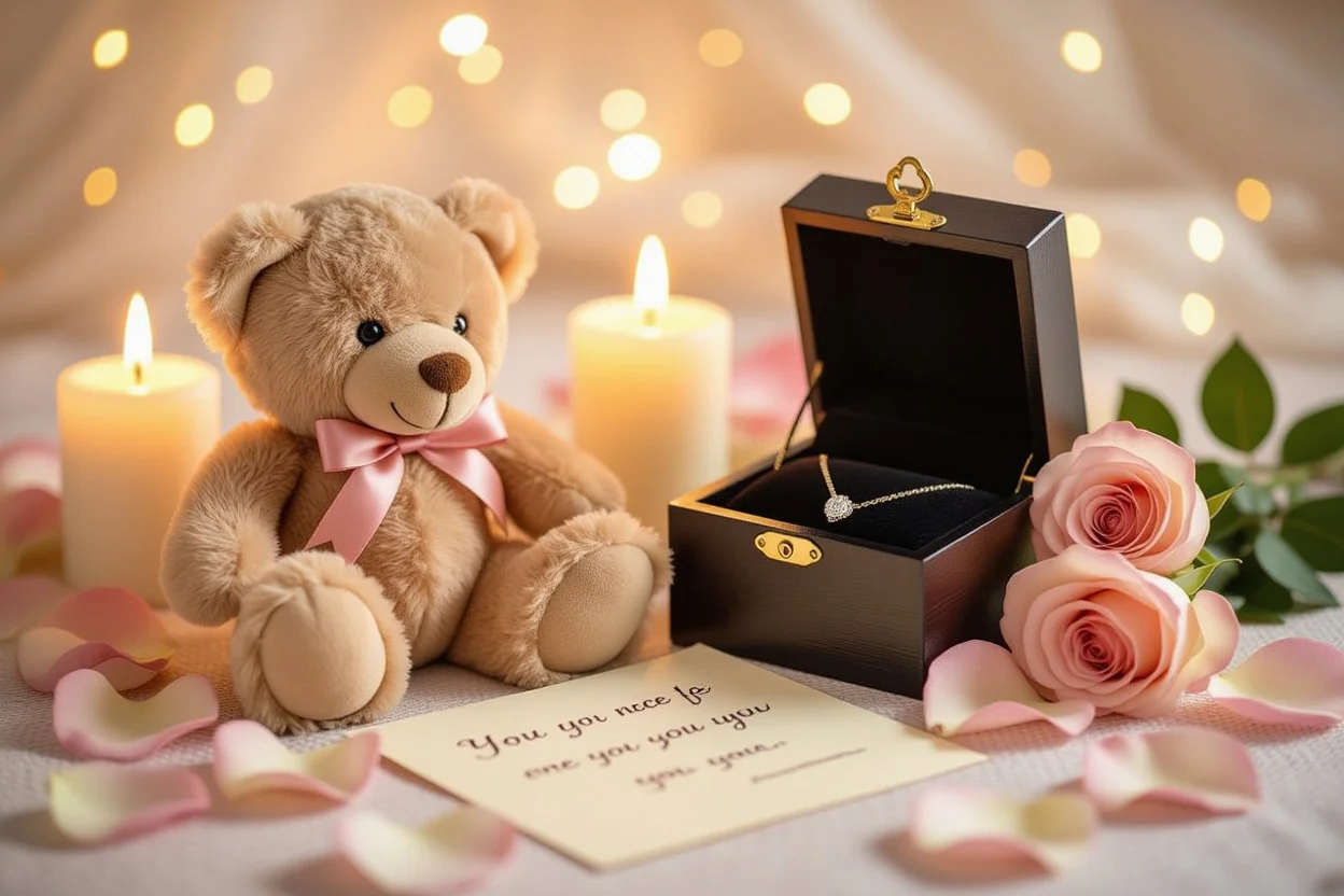 Romantic gift arrangement with teddy bear and hidden necklace for Valentine's Day