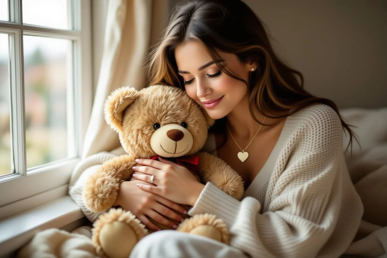 Woman wearing heart necklace and hugging teddy bear - romantic gifts that say I love you daily