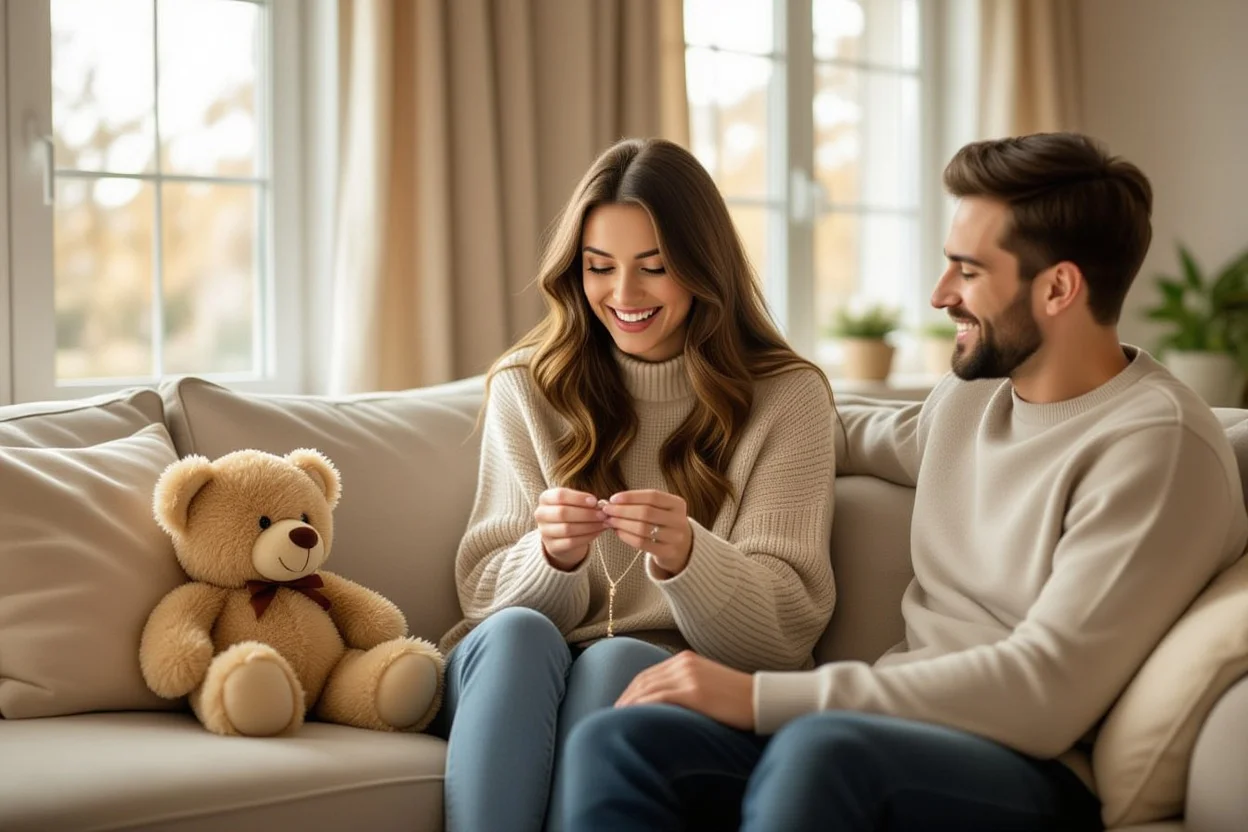Couple sharing intimate moment with surprise teddy bear gift on ordinary day