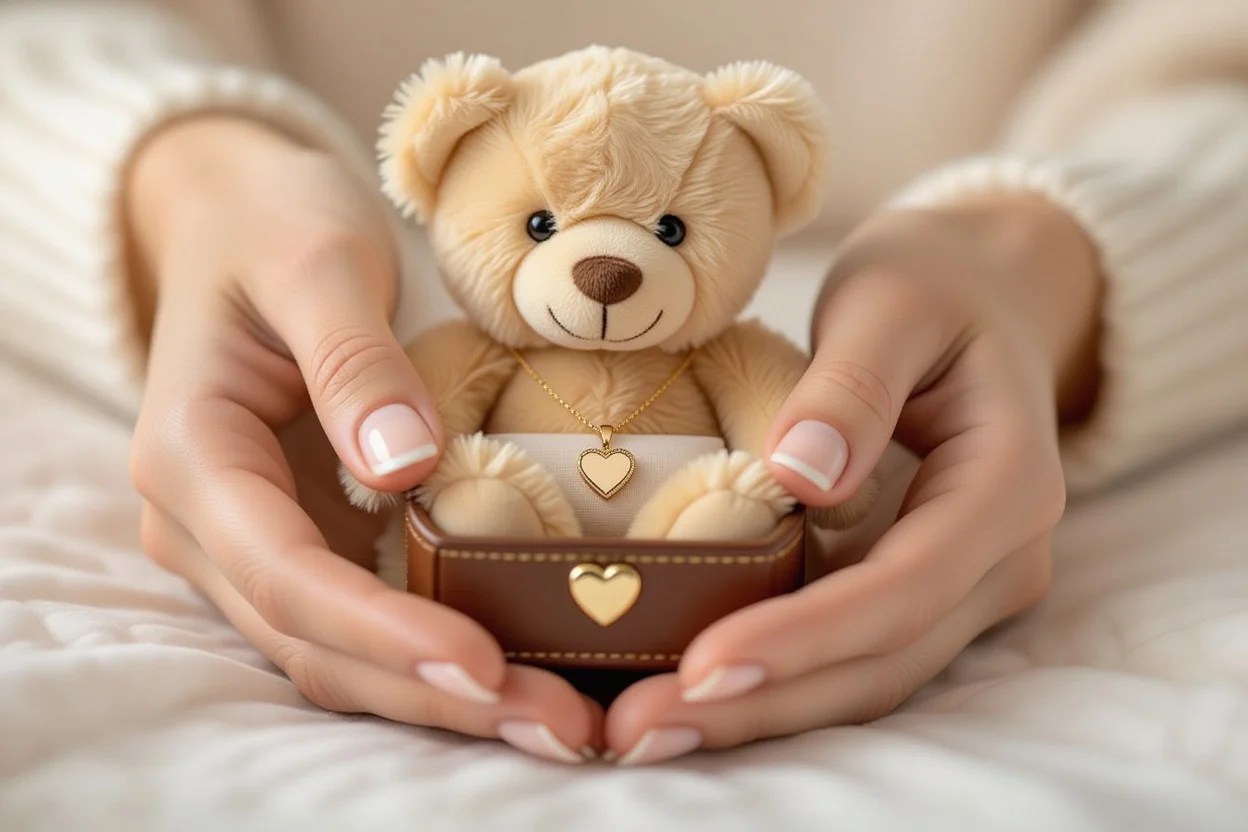 Hands discovering hidden necklace inside teddy bear romantic surprise gift