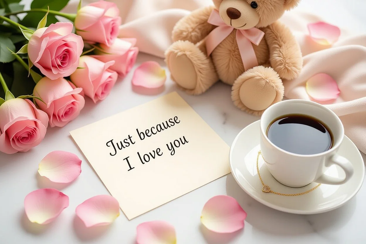 Romantic flat lay with teddy bear gift and everyday love gestures