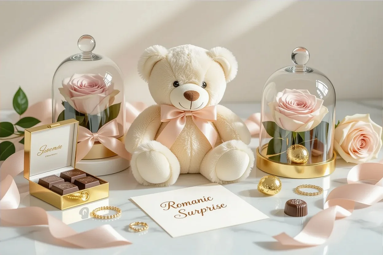 Elegant romantic gift set with teddy bear and preserved roses for her