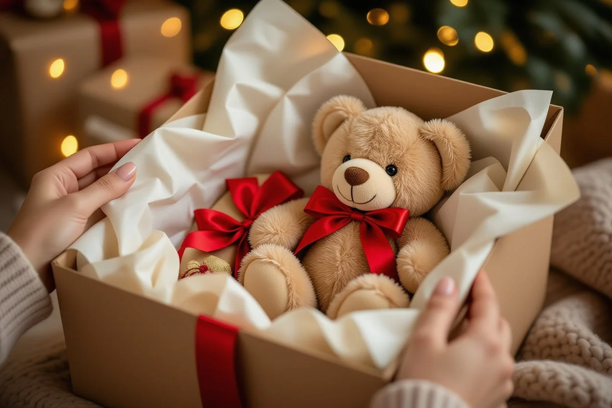Hands unwrapping surprise romantic gift box with teddy bear inside
