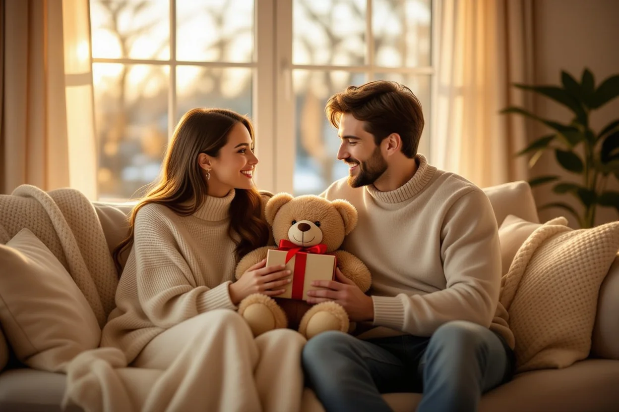 Couple sharing romantic moment with surprise teddy bear gift at home