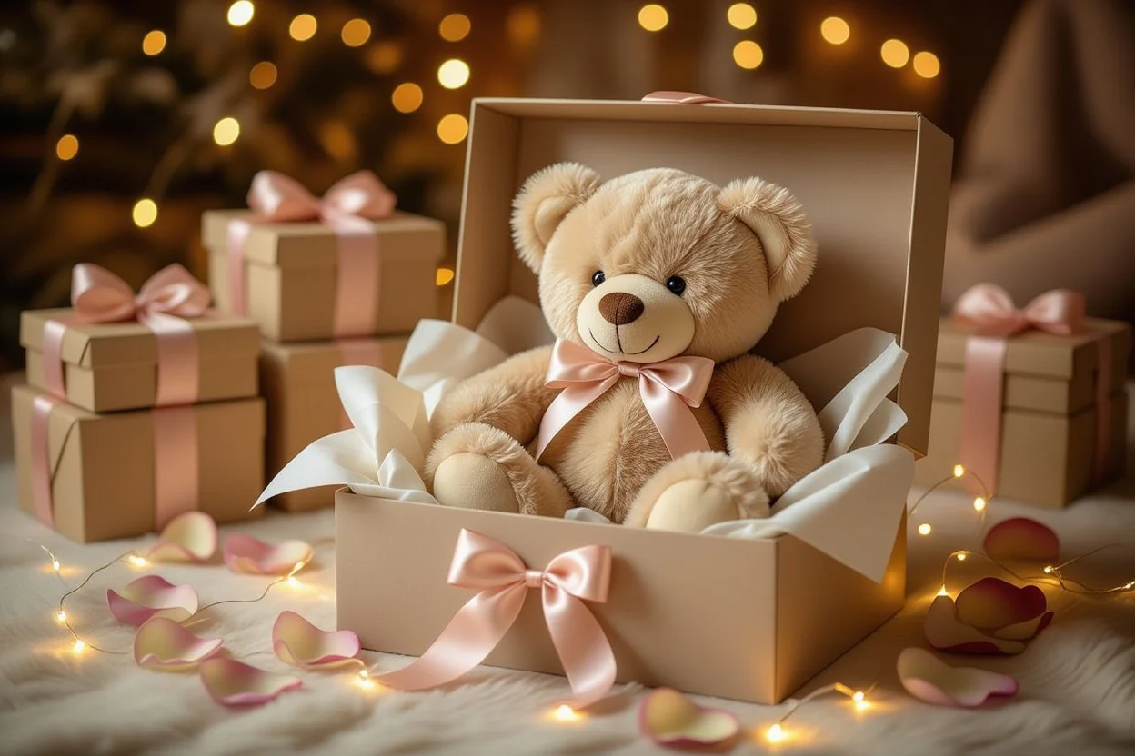 Luxury teddy bear gift in elegant presentation box with rose petals and romantic lighting for special occasions