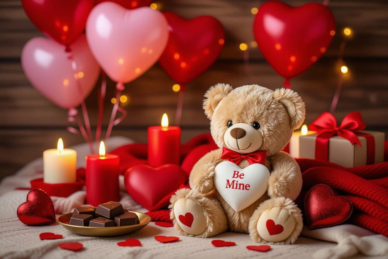 Valentine's Day teddy bear gift with romantic decorations, hearts, and candles for romantic gift ideas