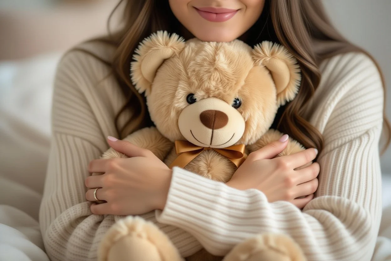 Woman cherishing and hugging a beloved teddy bear gift showing lasting emotional connection and sentimental value