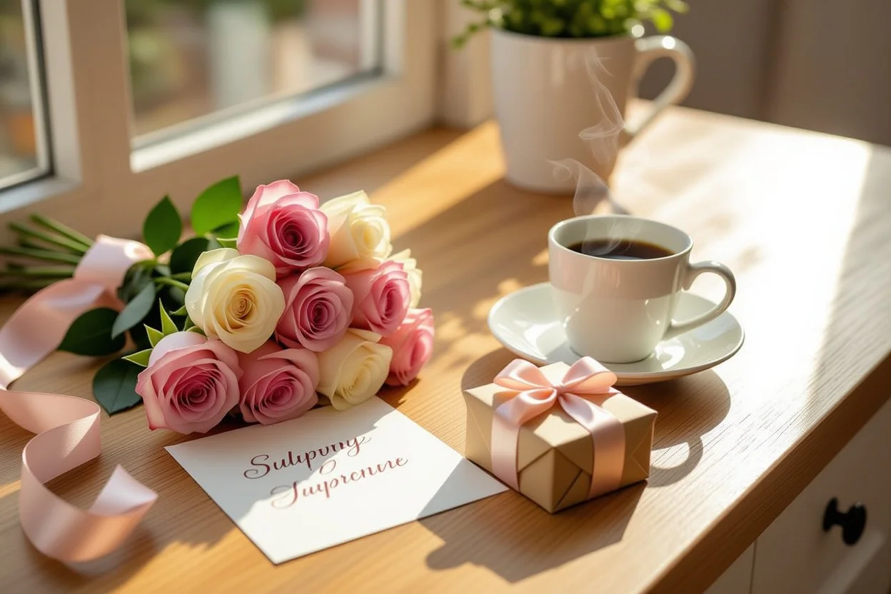 Romantic surprise gift arrangement with flowers and handwritten note on kitchen counter