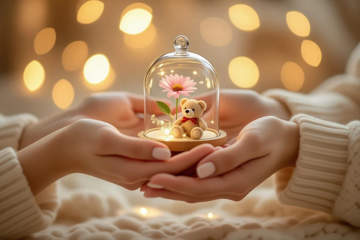 Hands offering a small thoughtful gift in romantic lighting with bokeh background