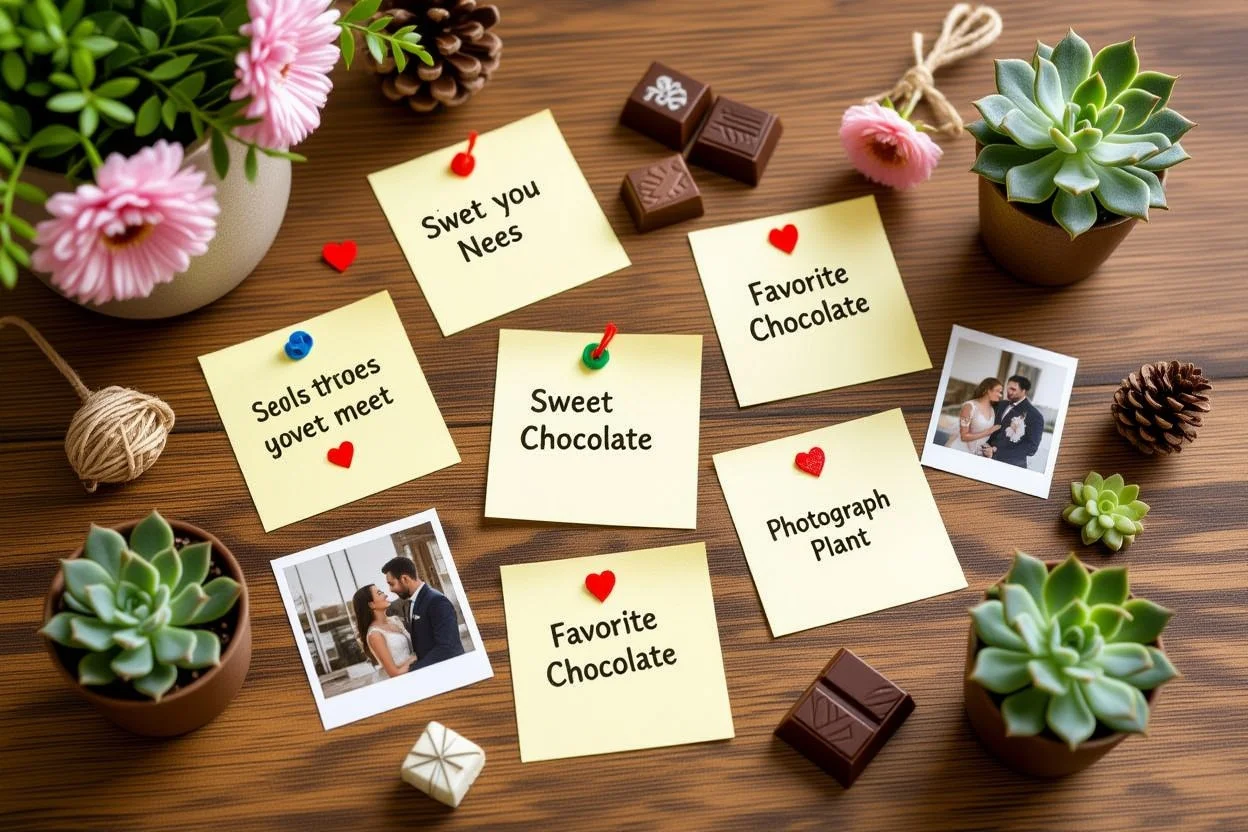 Collection of small romantic gifts and love notes arranged as everyday surprises