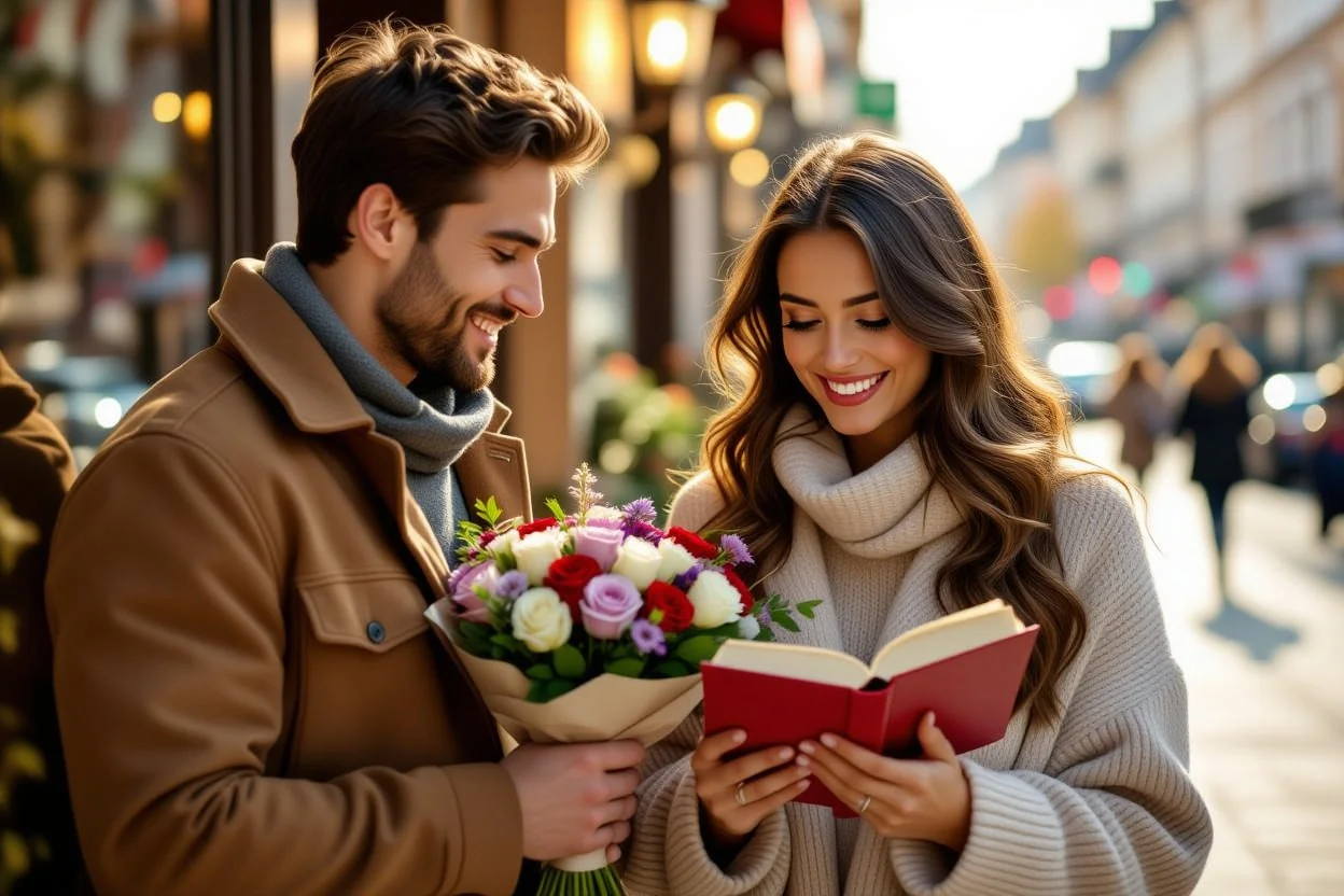 Couple sharing spontaneous romantic moment with surprise gift in natural everyday setting